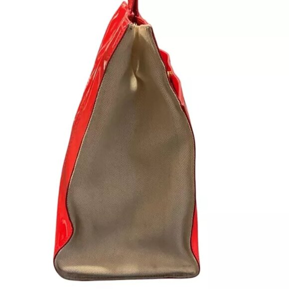 Tory Burch Ella Red Patent Leather Canvas Monogram Large Bag Tote Gold MINT - Picture 9 of 13